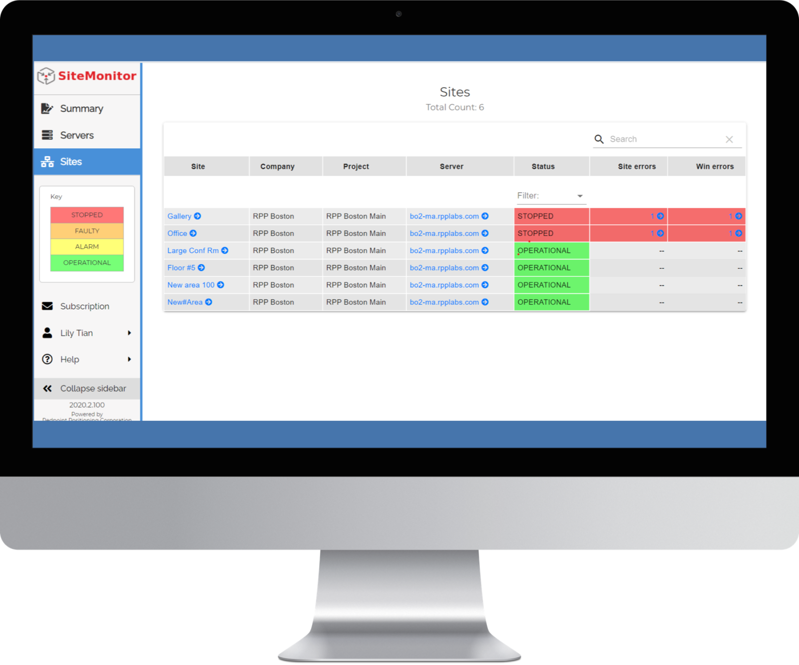 sitemonitor SiteMonitor interface in desktop shows every site and status