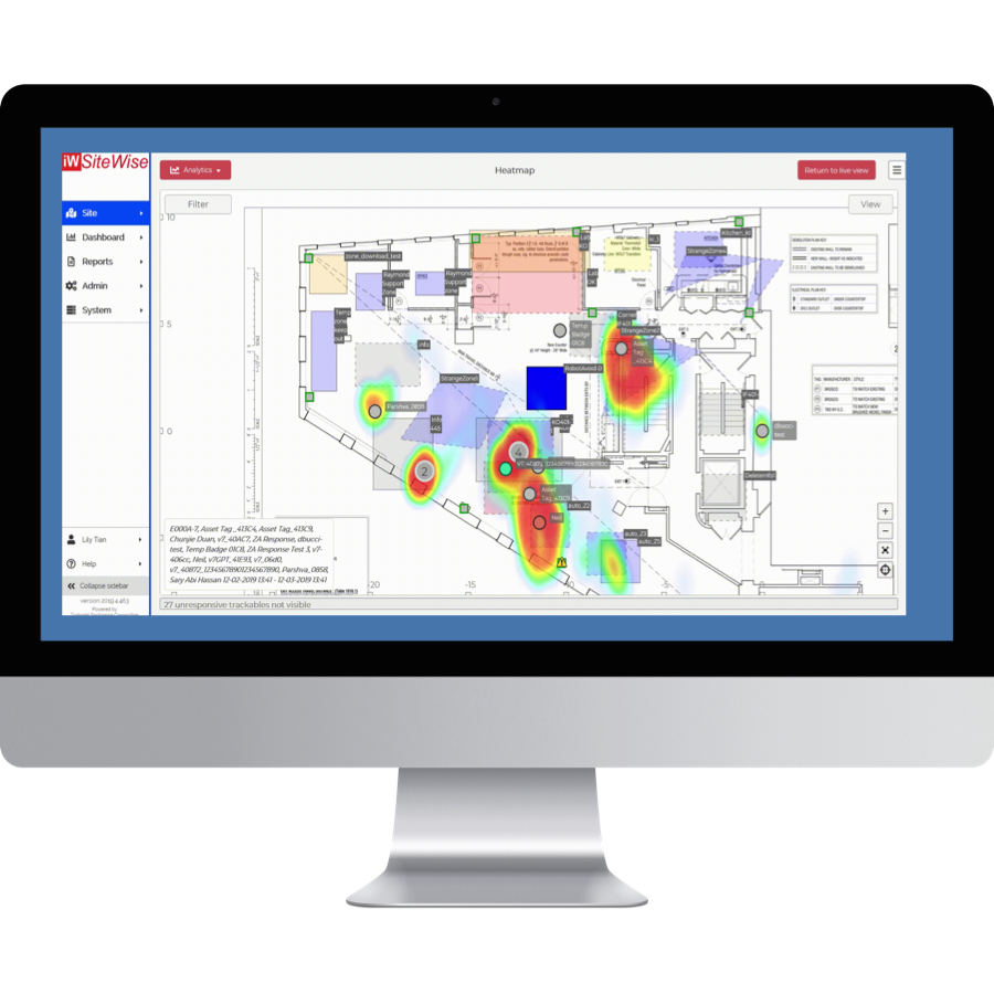 SiteWise: a heatmap of activity over a floor plan, with tagged people and assets labelled
