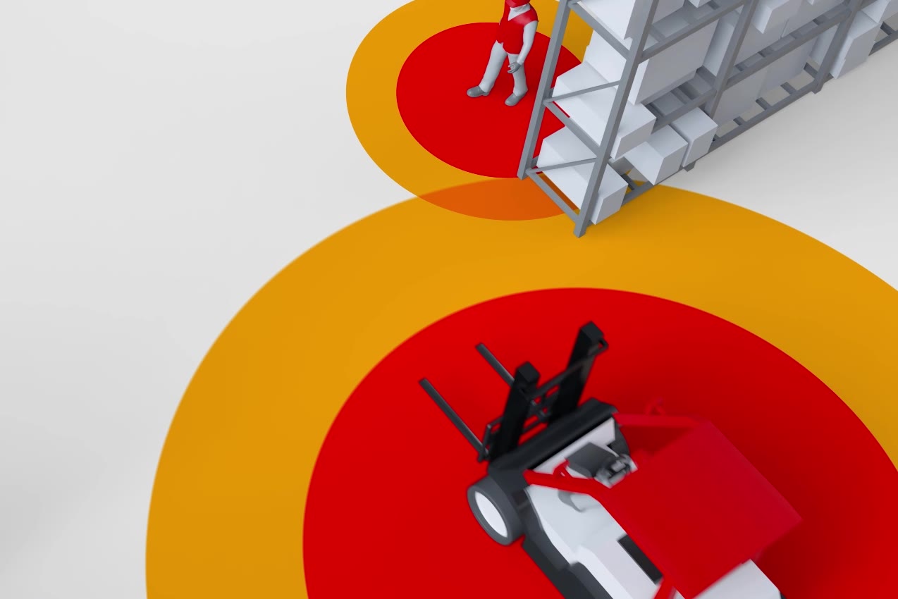 A forklift and a pedestrian in a warehouse aisle, each surrounded by concentric red and amber proximity warning zones