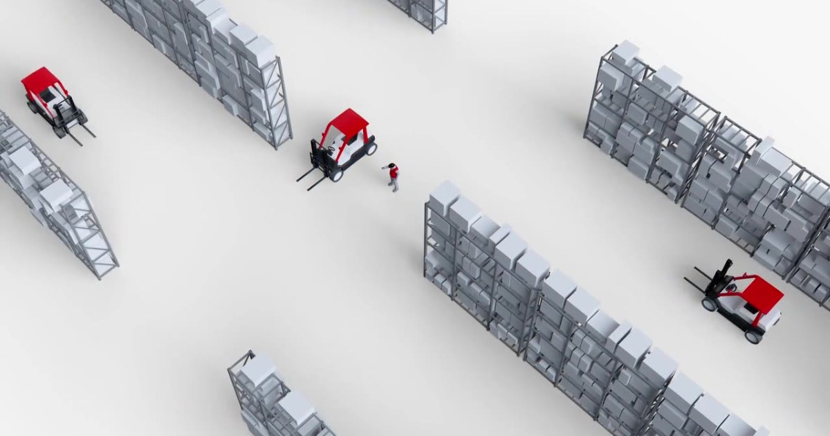 Illustration of forklifts and people moving between warehouse racks, each one located in real time